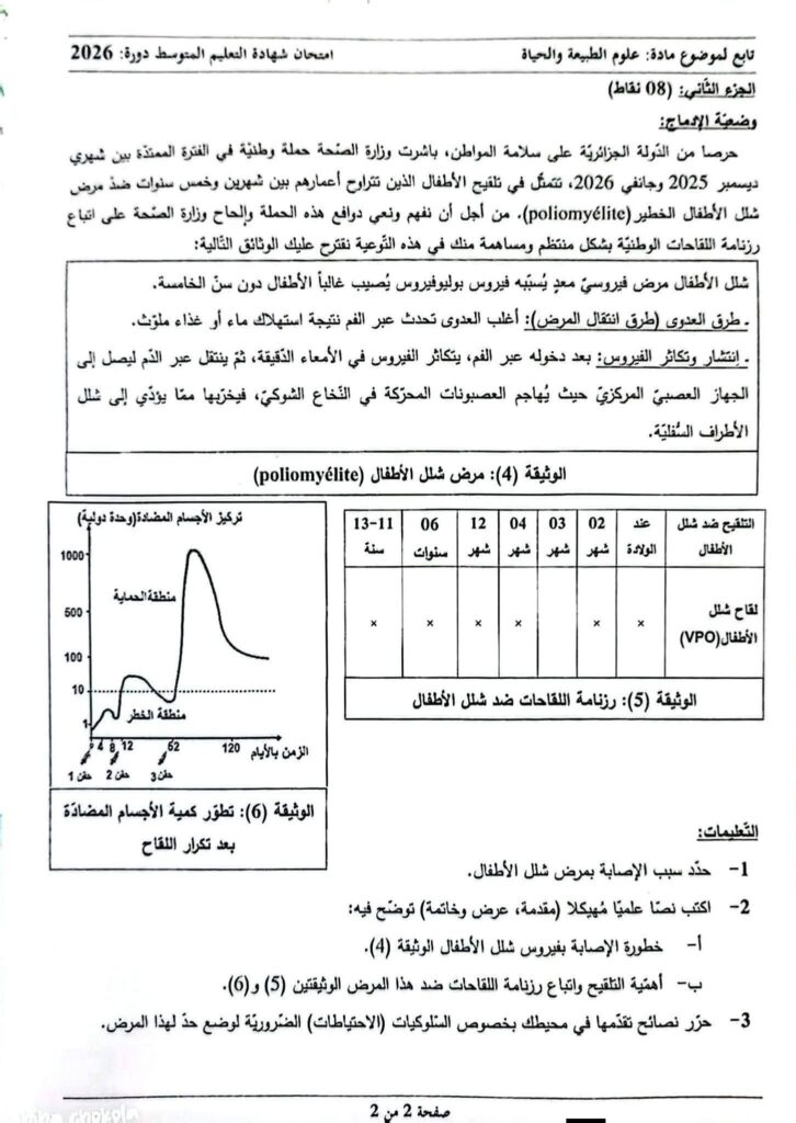 موضوع العلوم الطبيعية شهادة التعليم المتوسط بيام 2026
